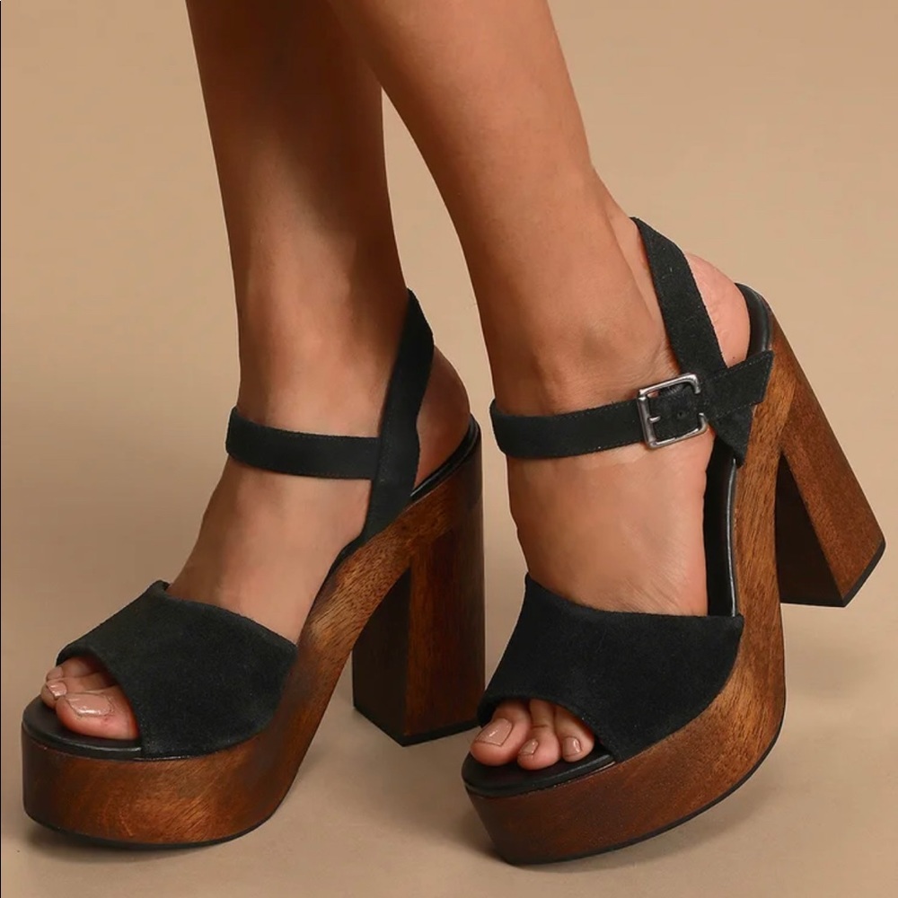 Lolita Leather Black Suede Wooden Platform Heels